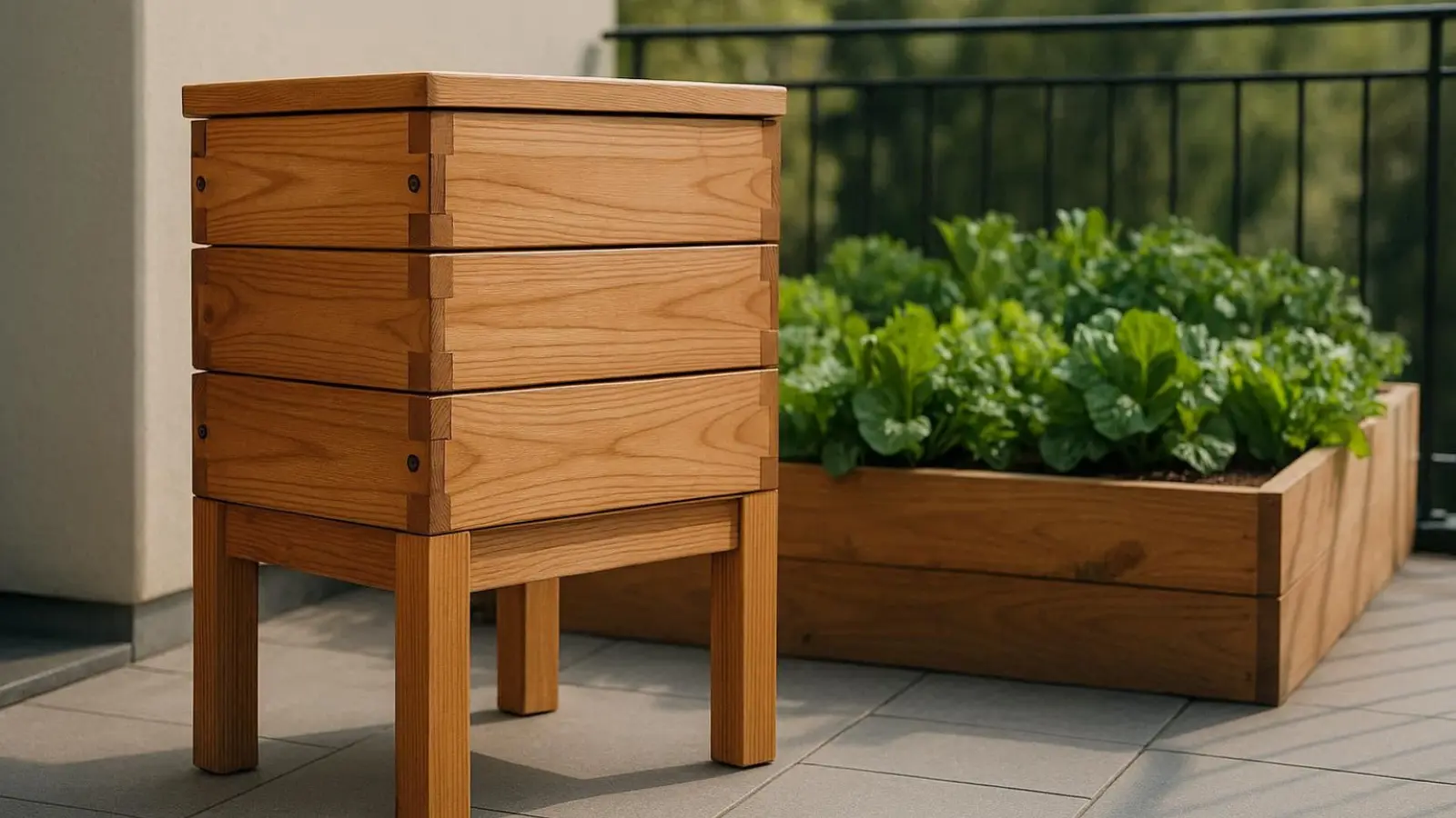 nachhaltige Wurmkomposter im Vergleich: Eine hochwertige Wurmkiste aus Holz steht auf einem Balkon neben einem Hochbeet.