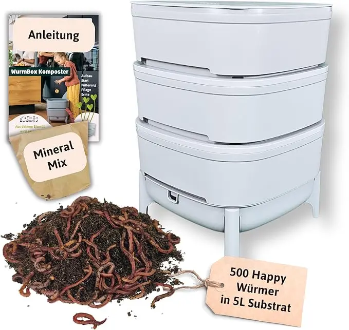 nachhaltige Wurmkomposter im Vergleich: Die graue Wurmbox aus Recycling-Kunststoff mit drei Etagen und Zubehör.