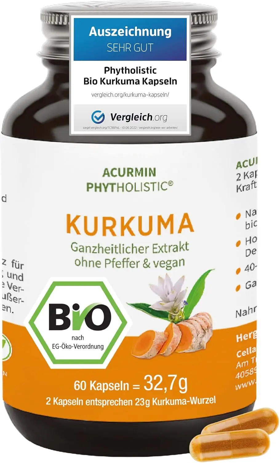 Das Acurmin Phytholistic Bio-Kurkuma-Präparat im hochwertigen Apothekerglas für maximale Reinheit und Wirkung.