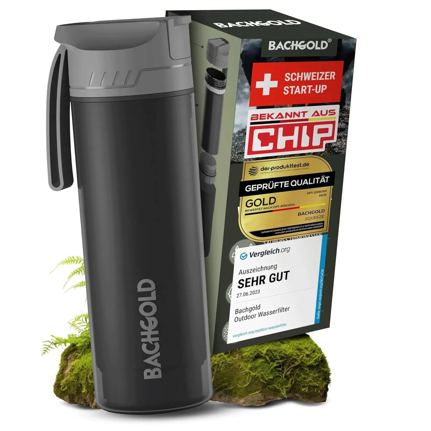 Eine schwarze Bachgold Wasserfilter-Flasche für den Outdoor-Einsatz und die Krisenvorsorge.
