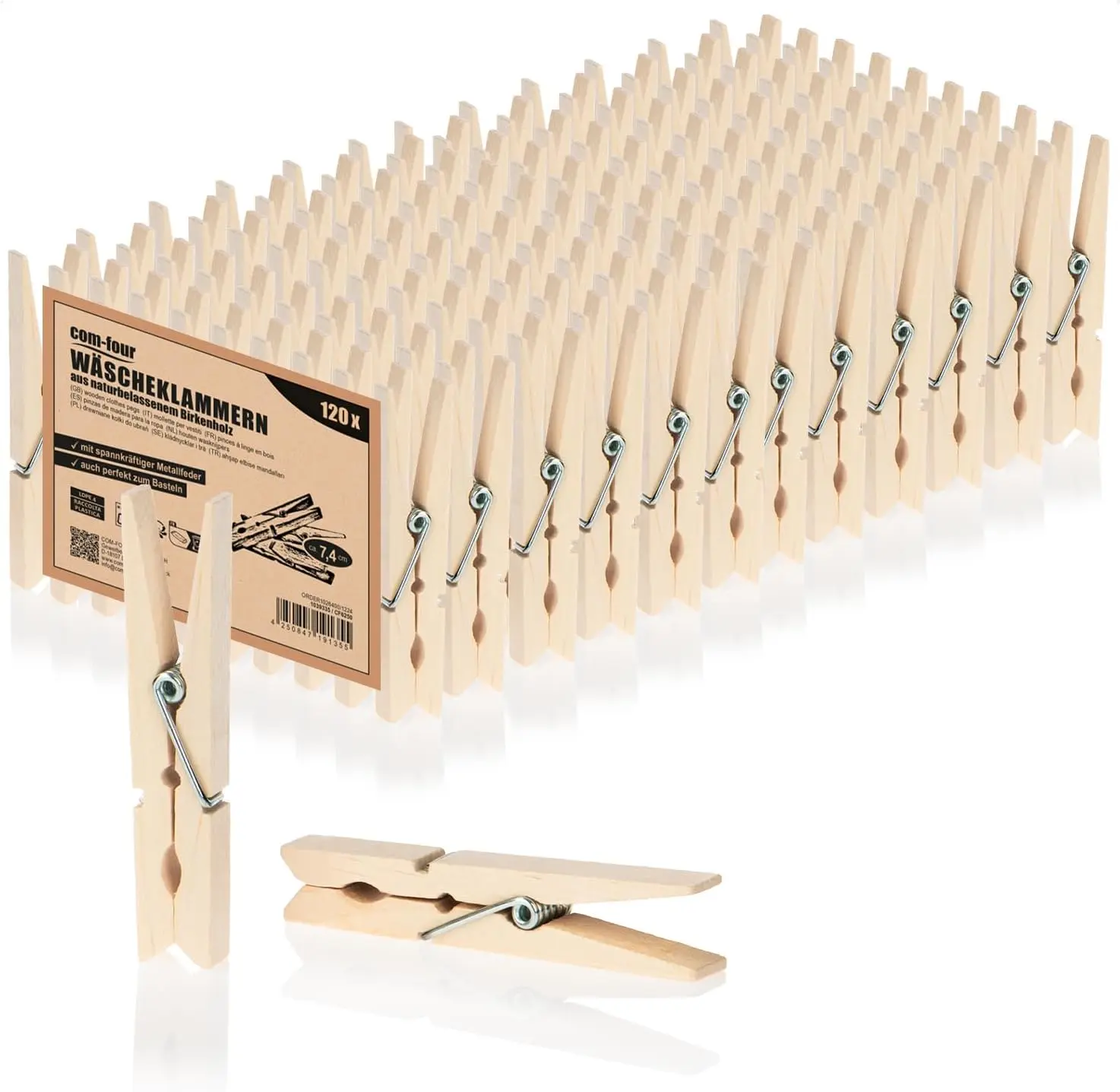 Die naturbelassenen nachhaltigen Wäscheklammern von com-four aus Birkenholz für eine ökologische Hausarbeit.