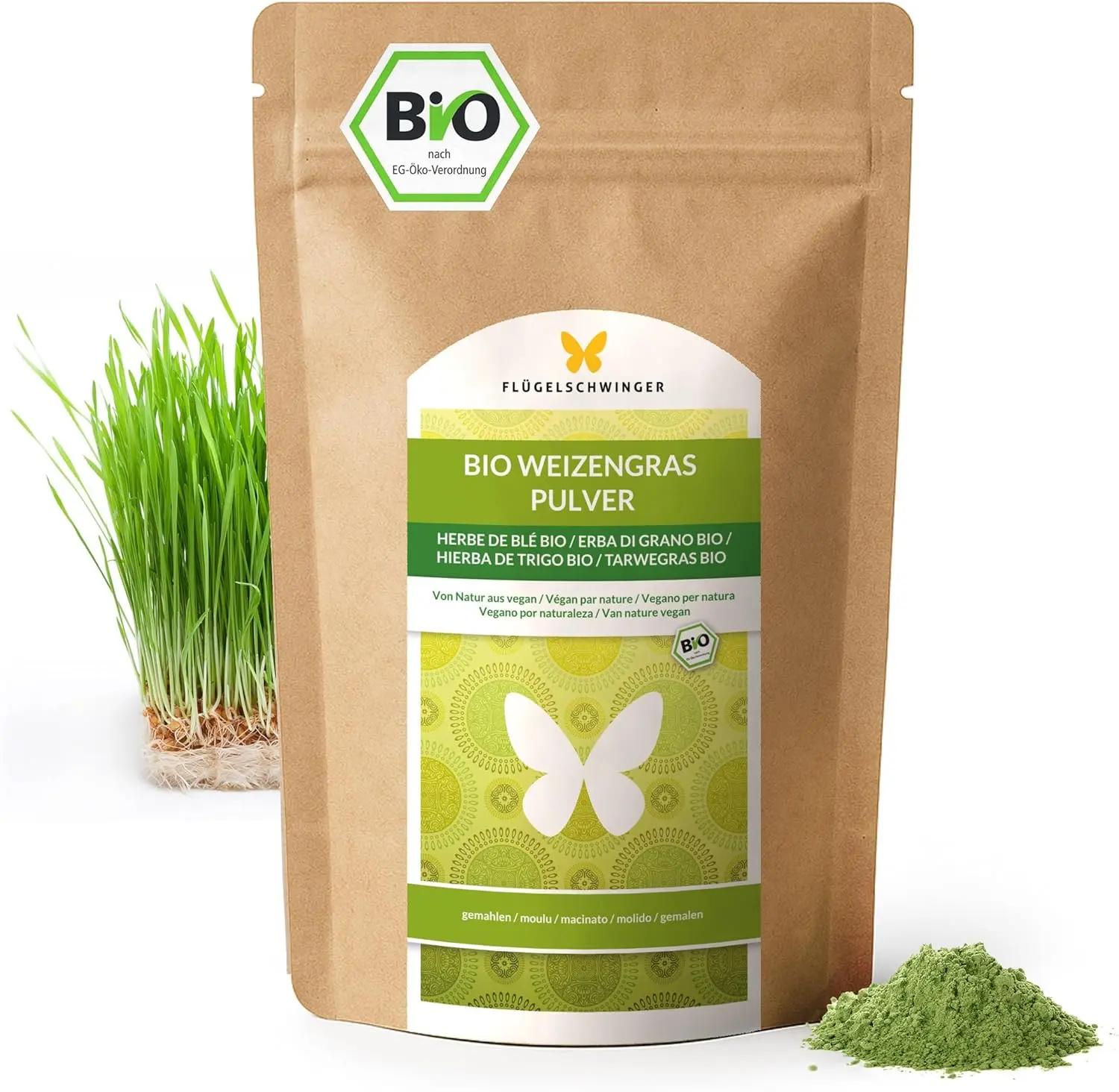 Das Bio-Weizengras von Flügelschwinger als nachhaltige Bio-Graspulver-Lösung in umweltfreundlicher Verpackung.
