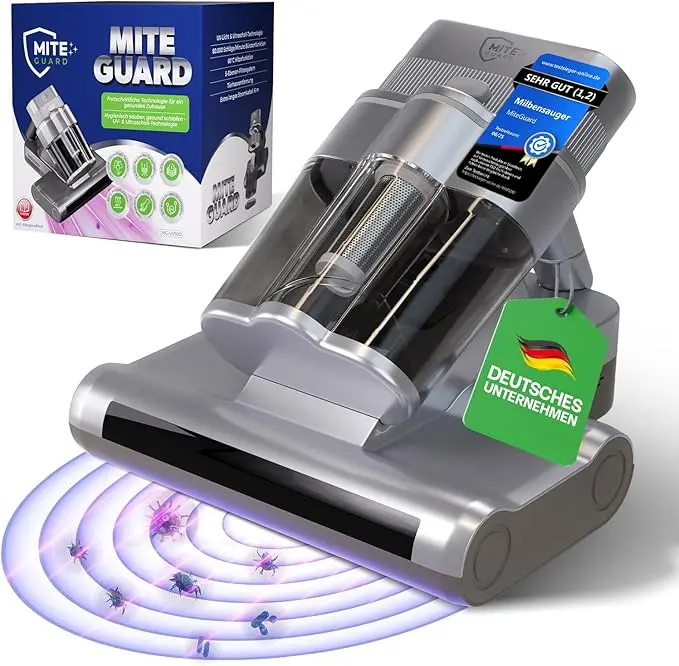 Der MiteGuard MG-500UV Matratzensauger mit Ultraschall und UV-Licht für eine chemiefreie Hygiene.
