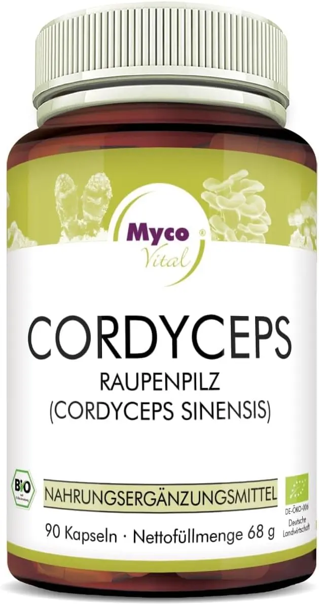 Die MycoVital Bio Cordyceps Kapseln als nachhaltige Vitalpilze Alternative aus deutschem Bio-Anbau.
