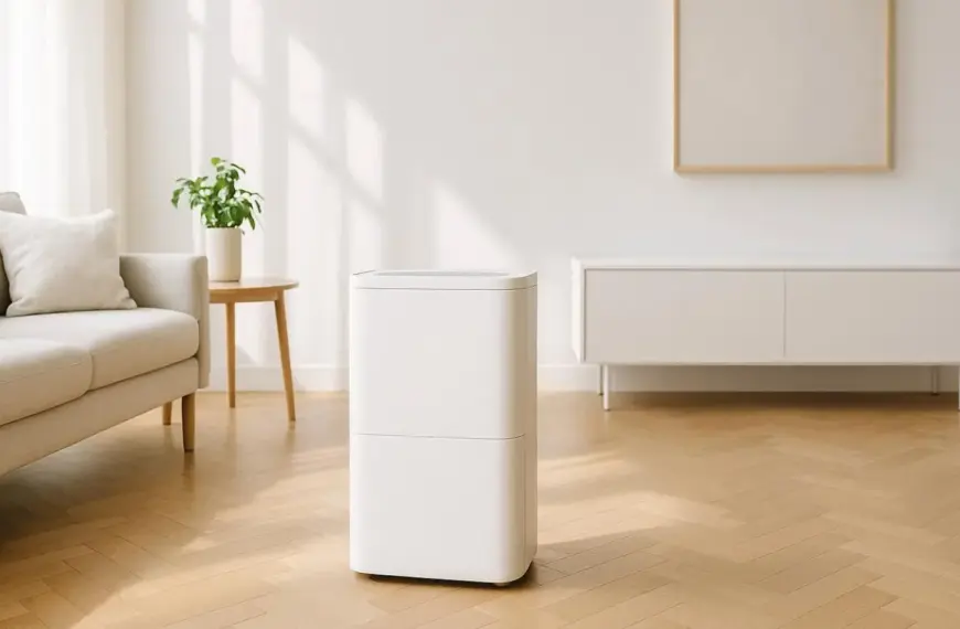 Ein moderner, energieeffizienter Luftentfeuchter schützt ein helles Wohnzimmer vor Feuchtigkeit und Schimmel.