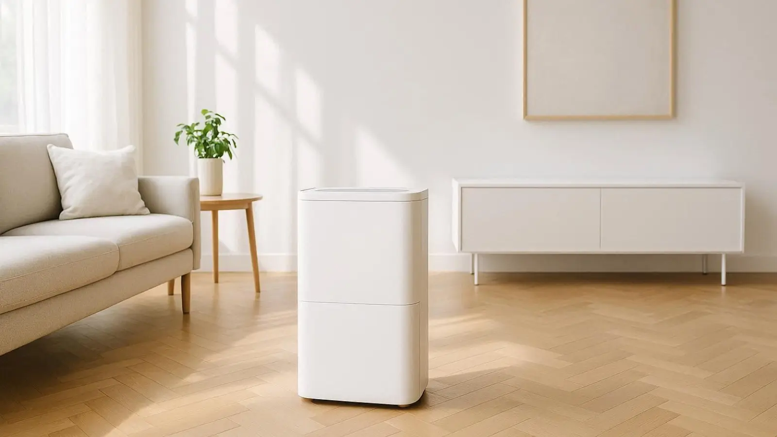 Ein moderner, energieeffizienter Luftentfeuchter schützt ein helles Wohnzimmer vor Feuchtigkeit und Schimmel.