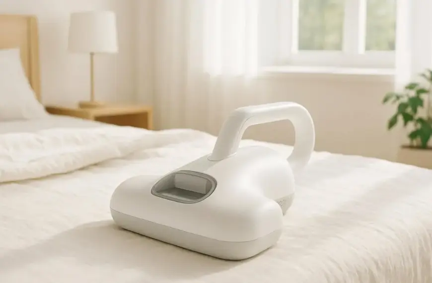 Ein effizienter nachhaltiger Matratzensauger mit UV-Licht auf einer Matratze zur hygienischen Milbenentfernung.