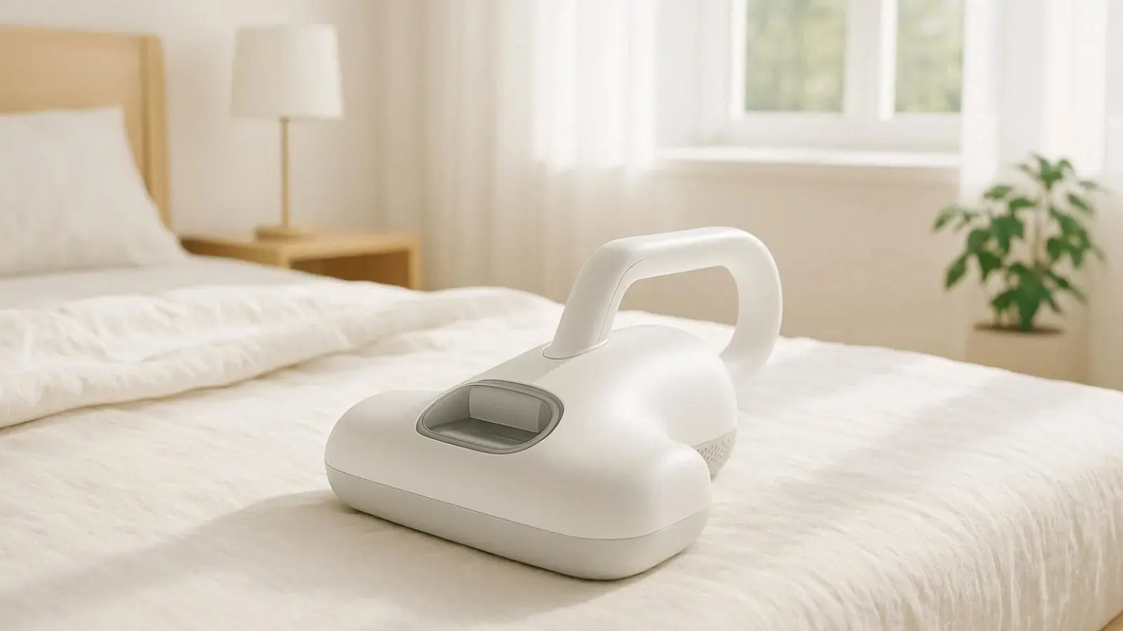 Ein effizienter nachhaltiger Matratzensauger mit UV-Licht auf einer Matratze zur hygienischen Milbenentfernung.