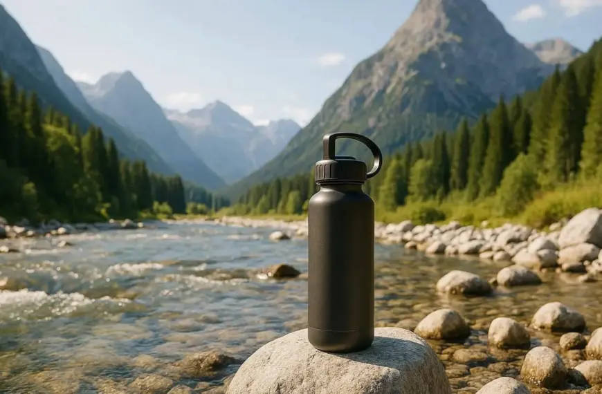 Ein hochwertiger mobiler Wasserfilter steht an einem klaren Bach und symbolisiert sauberes Trinkwasser in der Natur.