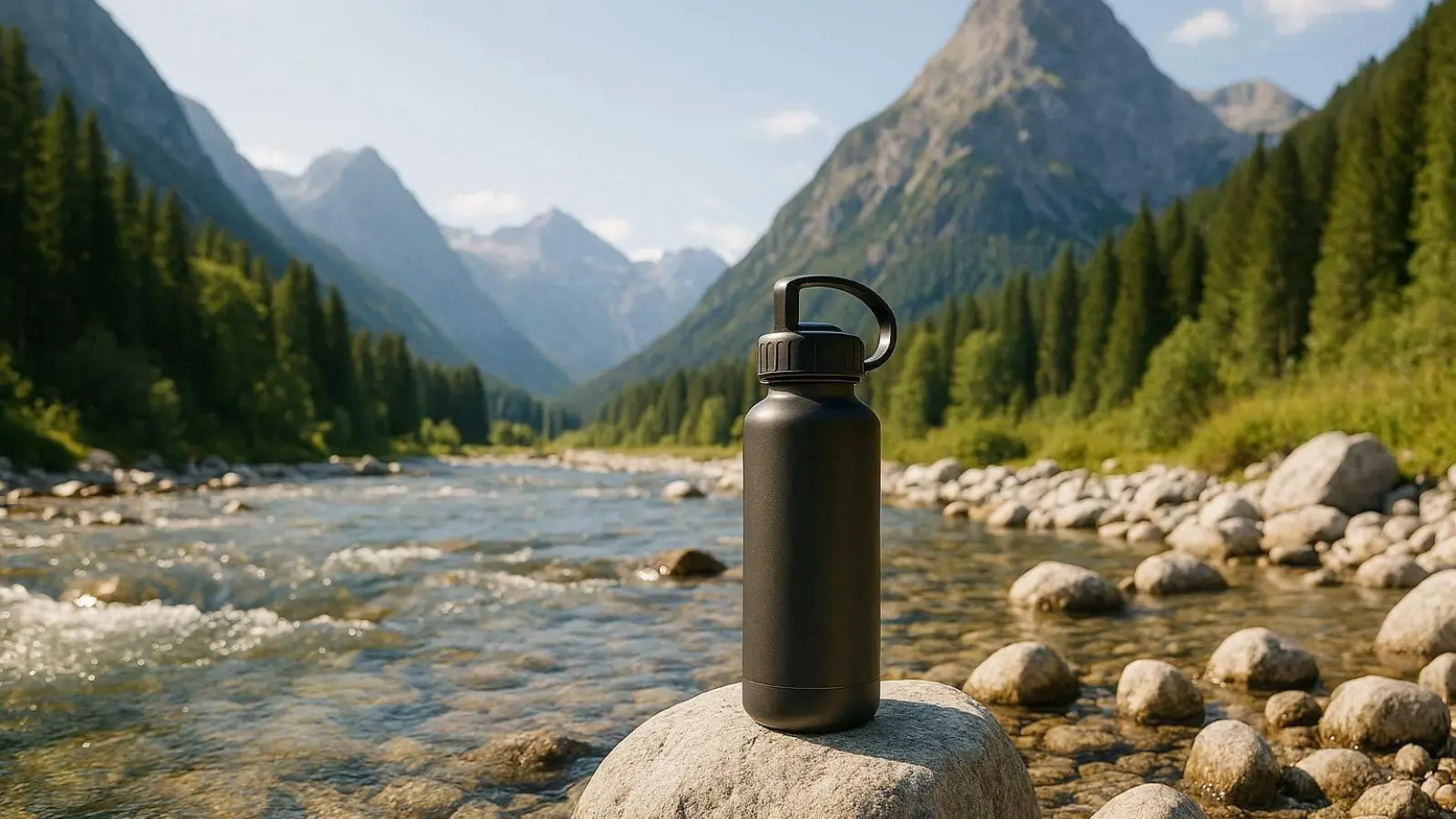 Ein hochwertiger mobiler Wasserfilter steht an einem klaren Bach und symbolisiert sauberes Trinkwasser in der Natur.