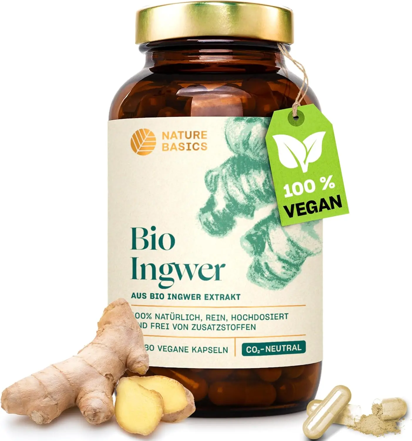 Die Nature Basics Ingwer-Extrakt Kapseln in der vorbildlichen Graspapier- und Glasverpackung.