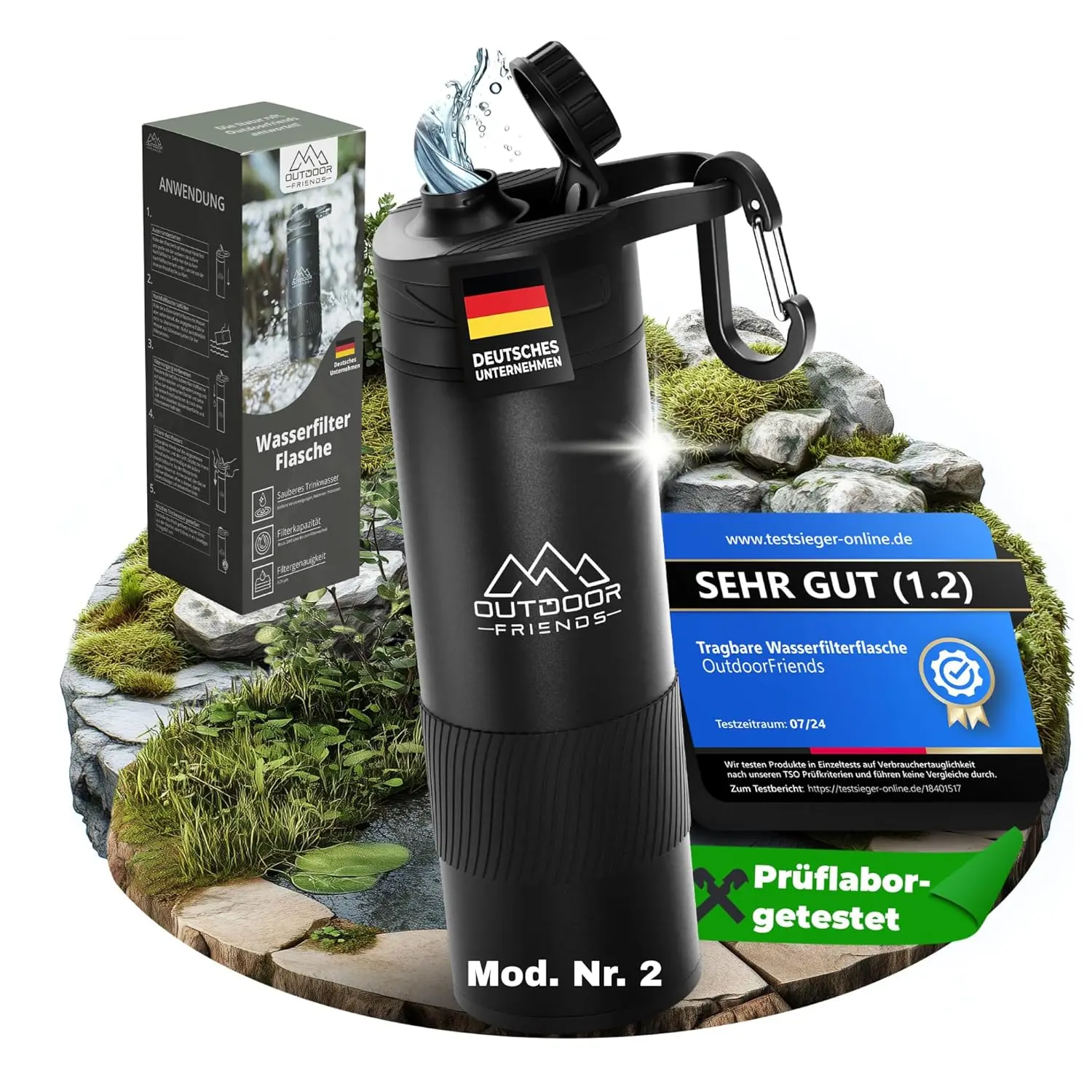 Eine schwarze OutdoorFriends Wasserfilter-Flasche mit magnetischem Deckel und rutschfestem Grip-Band. nachhaltige wasserfilter