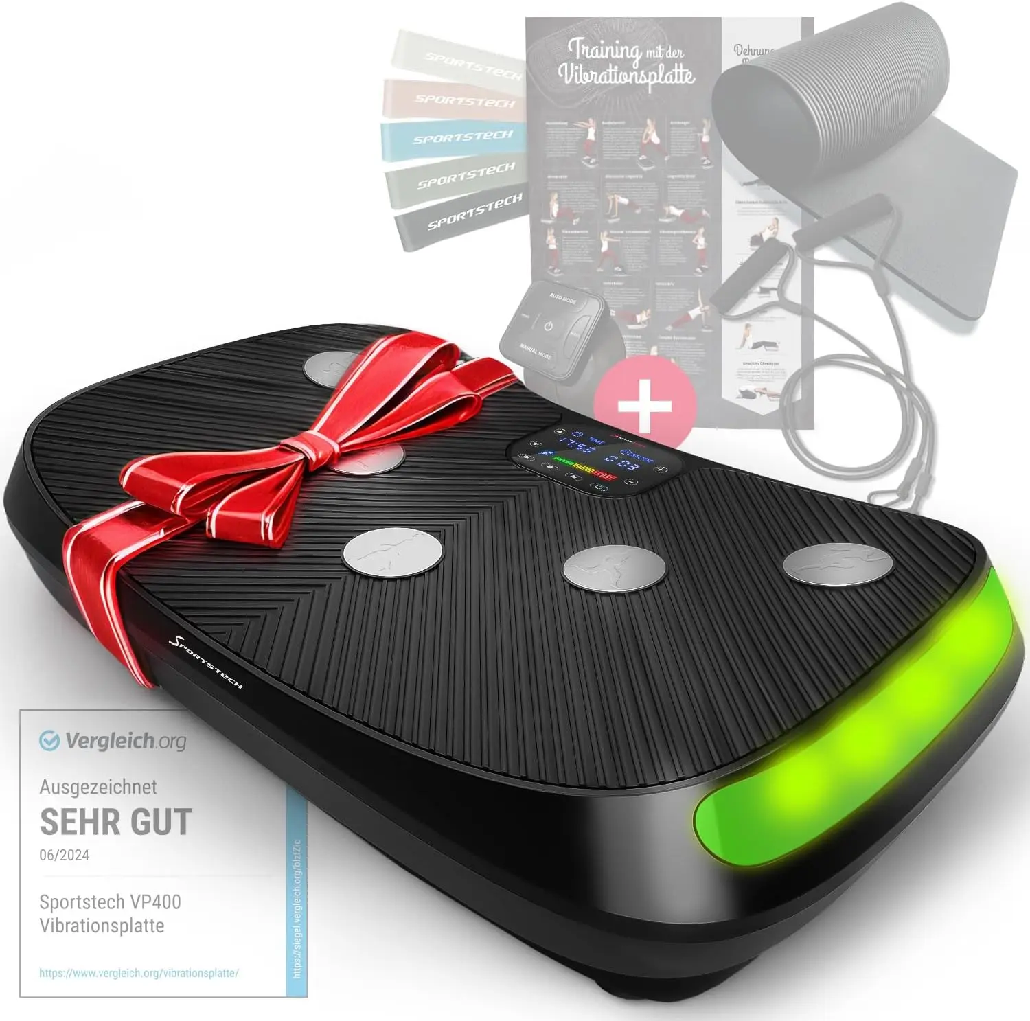 Die Sportstech VP400 als nachhaltige Vibrationsplatte mit Smart-LED-Technik und massiver Bauweise.