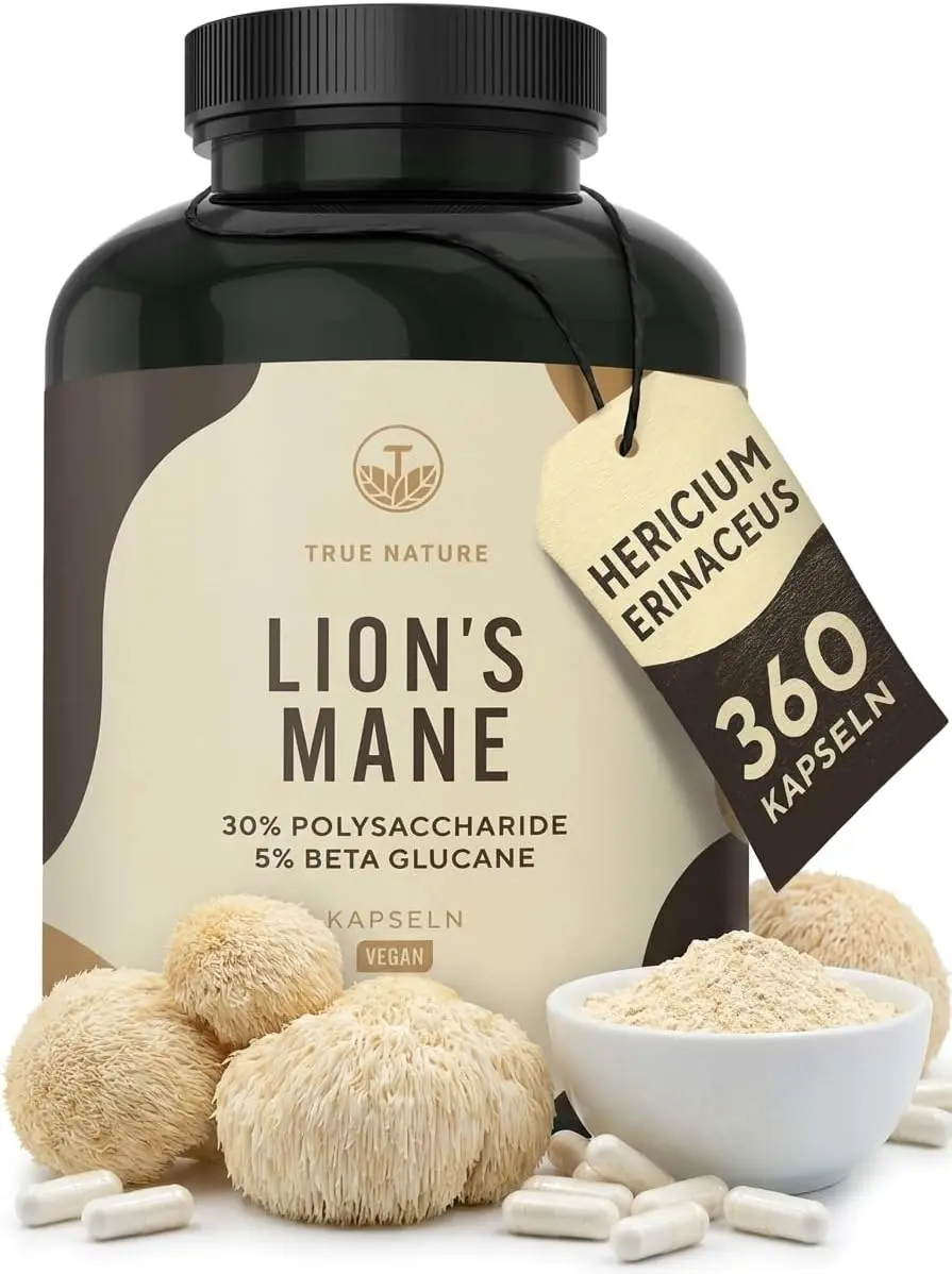 Die TRUE NATURE Lions Mane Kapseln als laborgeprüfte nachhaltige Vitalpilze Option für Fokus und Konzentration.
