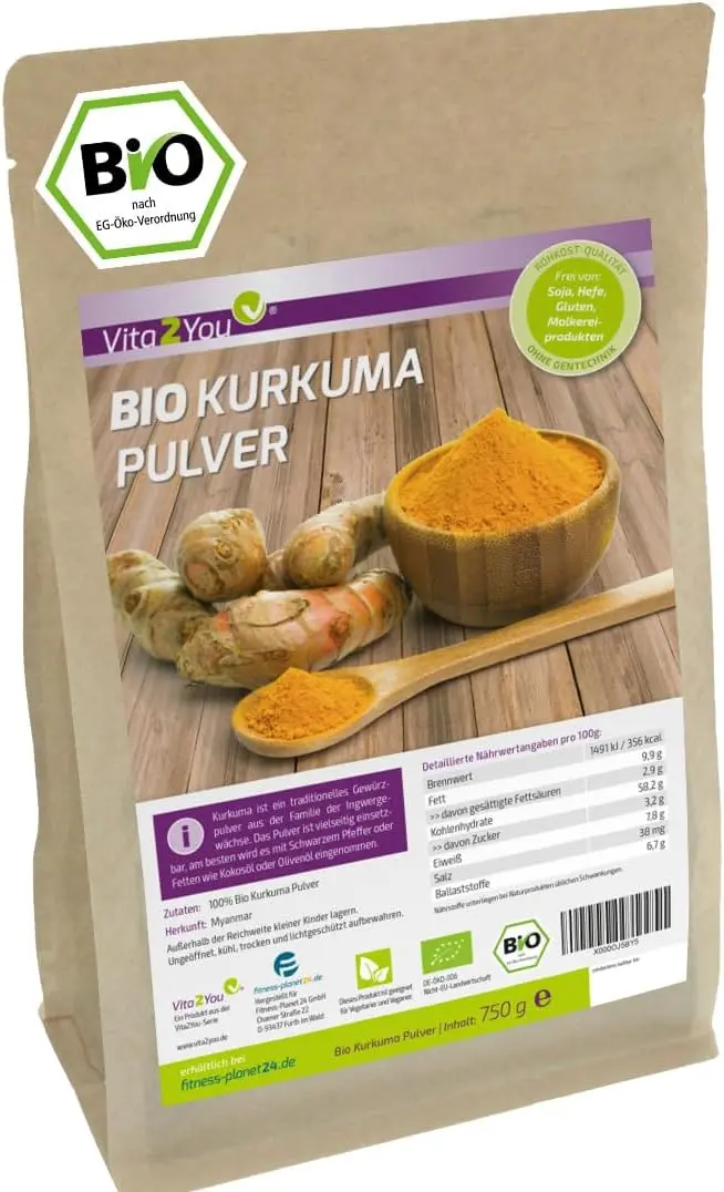 Das Bio-Kurkuma-Pulver von Vita2You in der nachhaltigen, aluminiumfreien Frischeverpackung.
