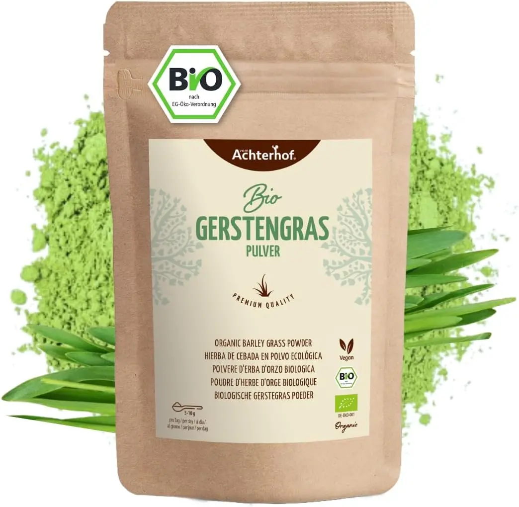 Das Bio-Gerstengras vom Achterhof als nachhaltige Bio-Graspulver-Lösung im umweltfreundlichen 1kg Beutel.