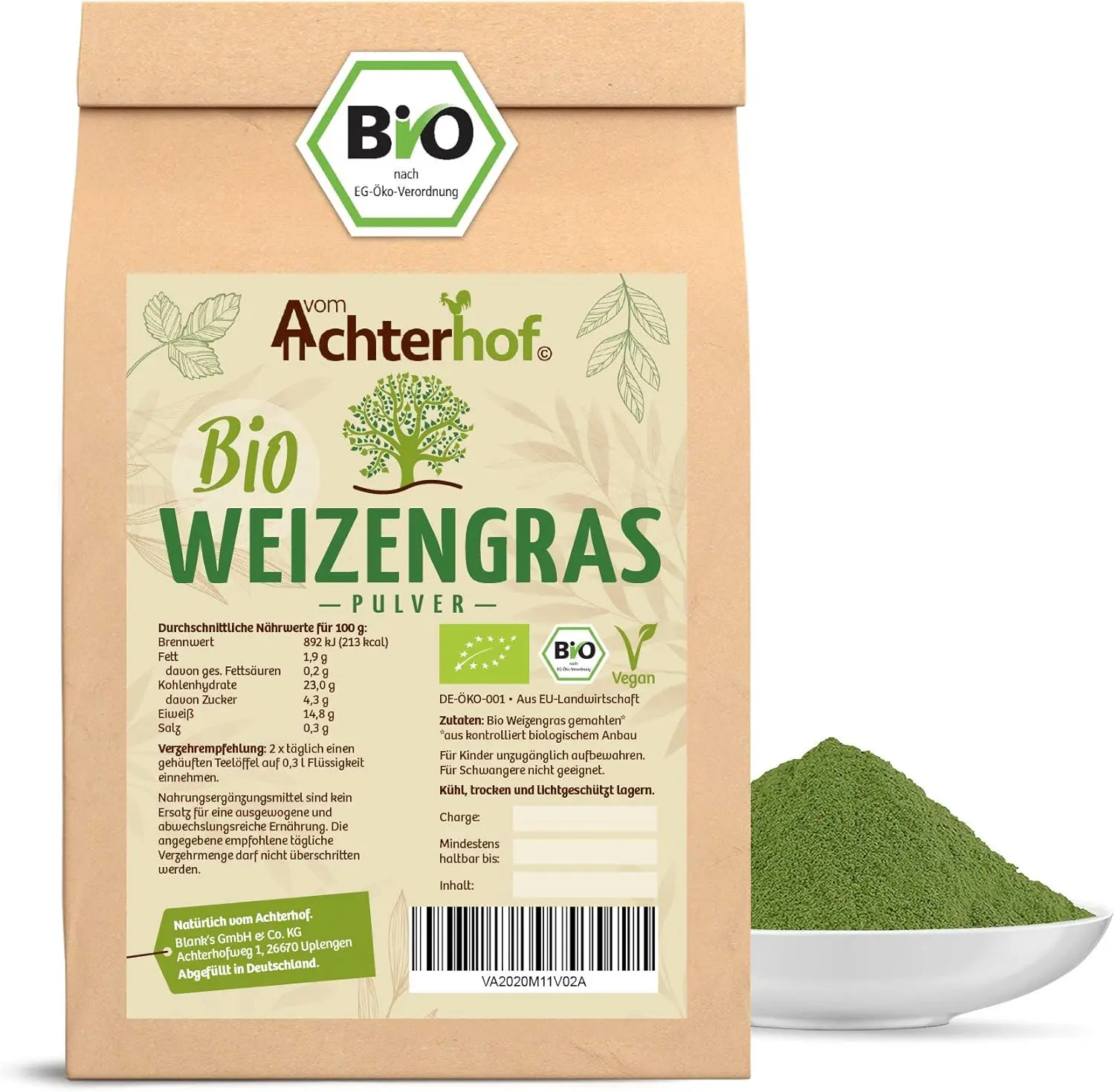 Das laborgeprüfte Bio-Weizengras vom Achterhof als nachhaltige Bio-Graspulver-Lösung für die Langzeit-Anwendung.