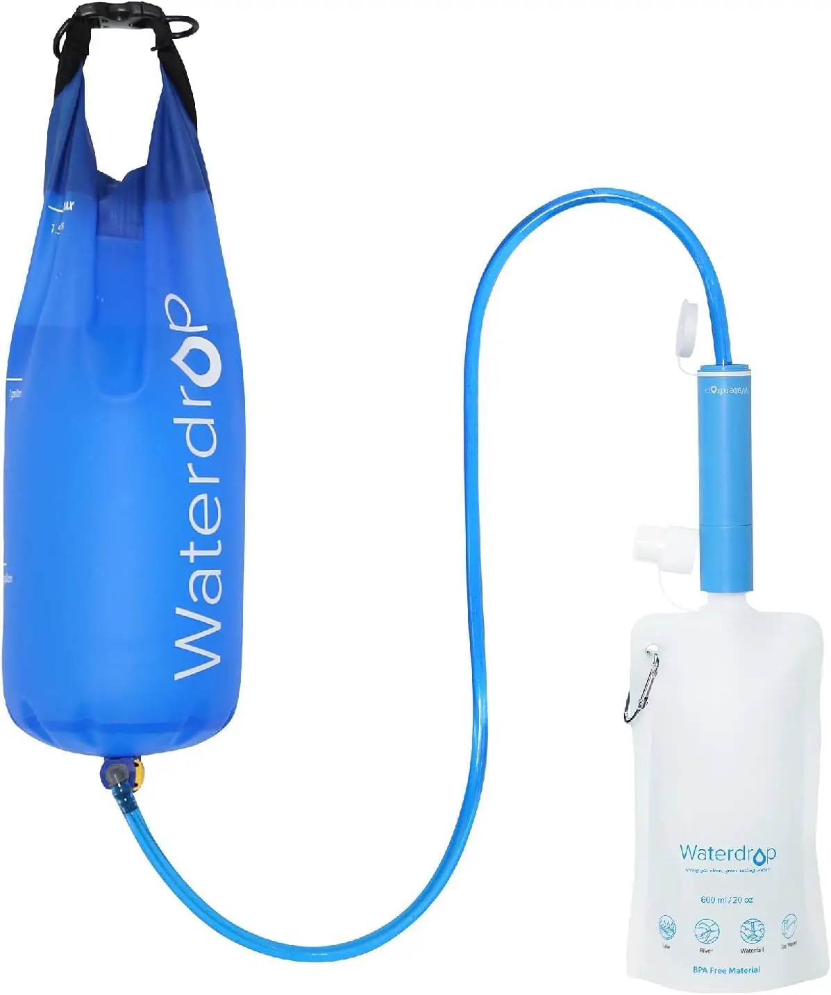 Ein blaues Waterdrop Schwerkraft-Wasserfilter-Set mit Beutel für Camping und Outdoor.