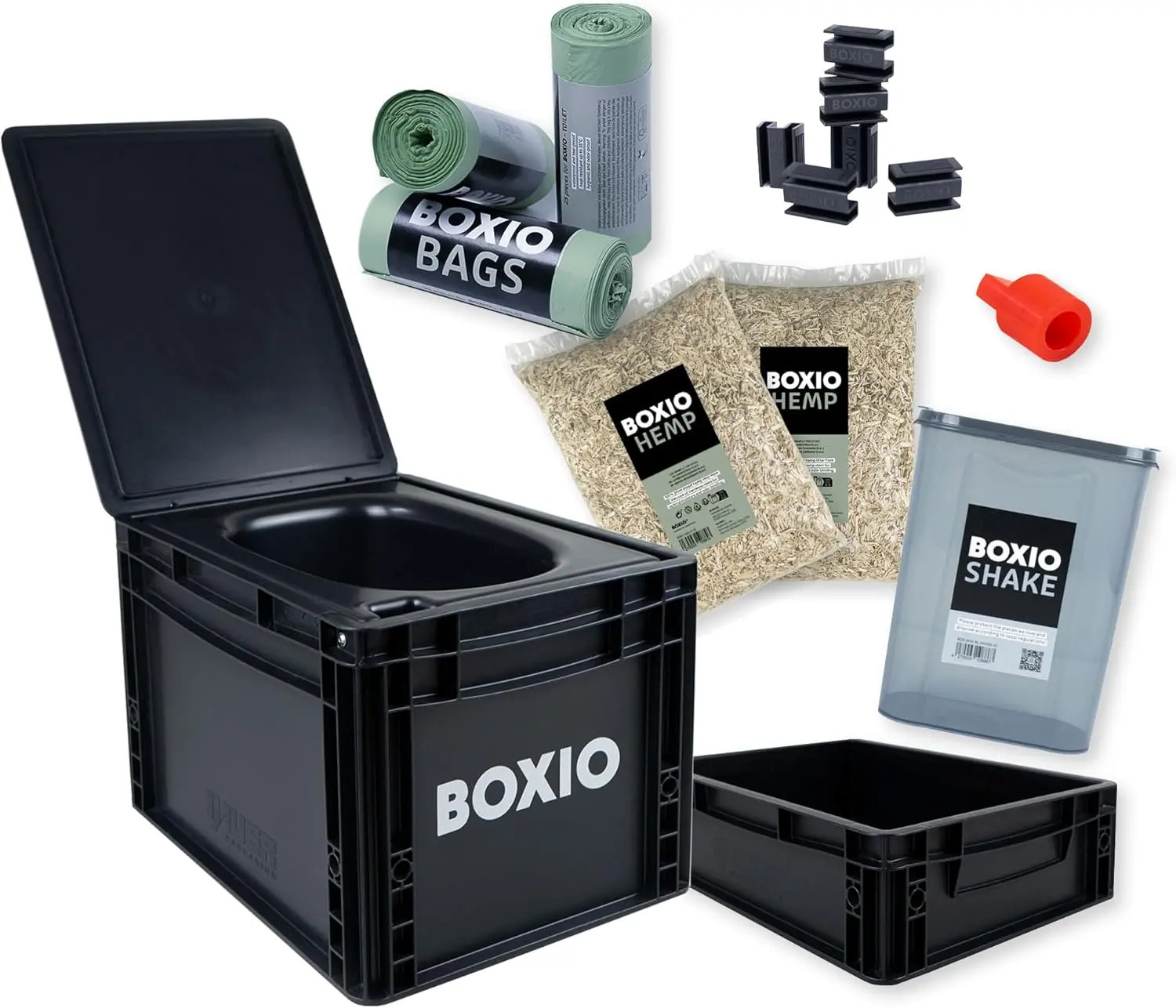 Die schwarze BOXIO Toilet Max+ als stapelbare und nachhaltige Trenntoiletten Lösung für den Outdoor-Einsatz.