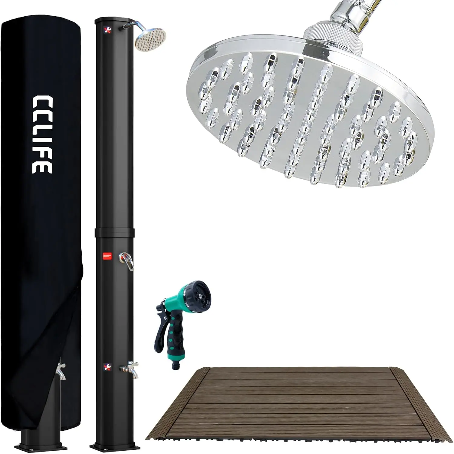 Die CCLIFE Solardusche als nachhaltige Solarduschen Lösung mit WPC-Bodenplatte und 40 Liter Wassertank.