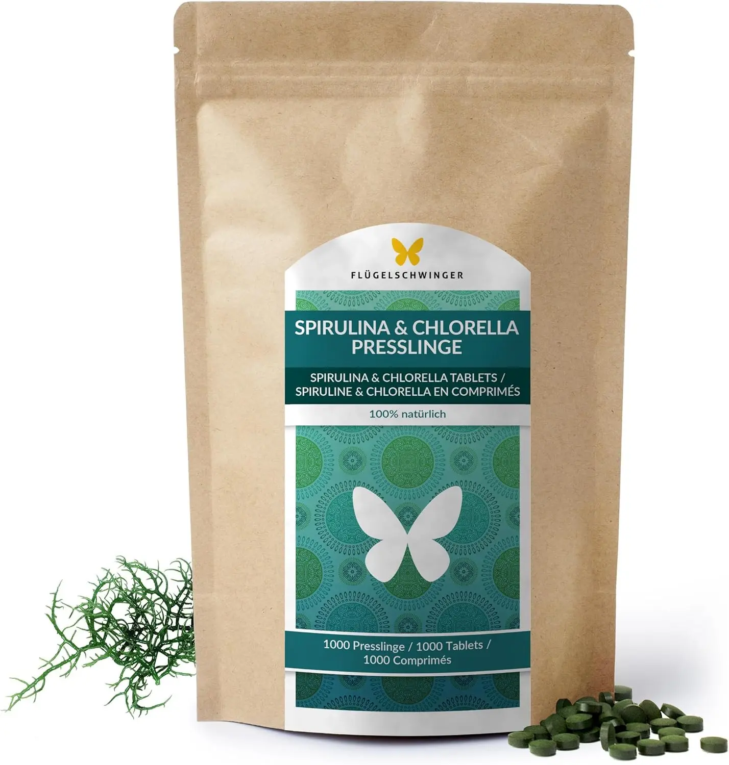 Die Flügelschwinger Spirulina und Chlorella Presslinge als nachhaltige Chlorella und Spirulina Option in Rohkostqualität.
