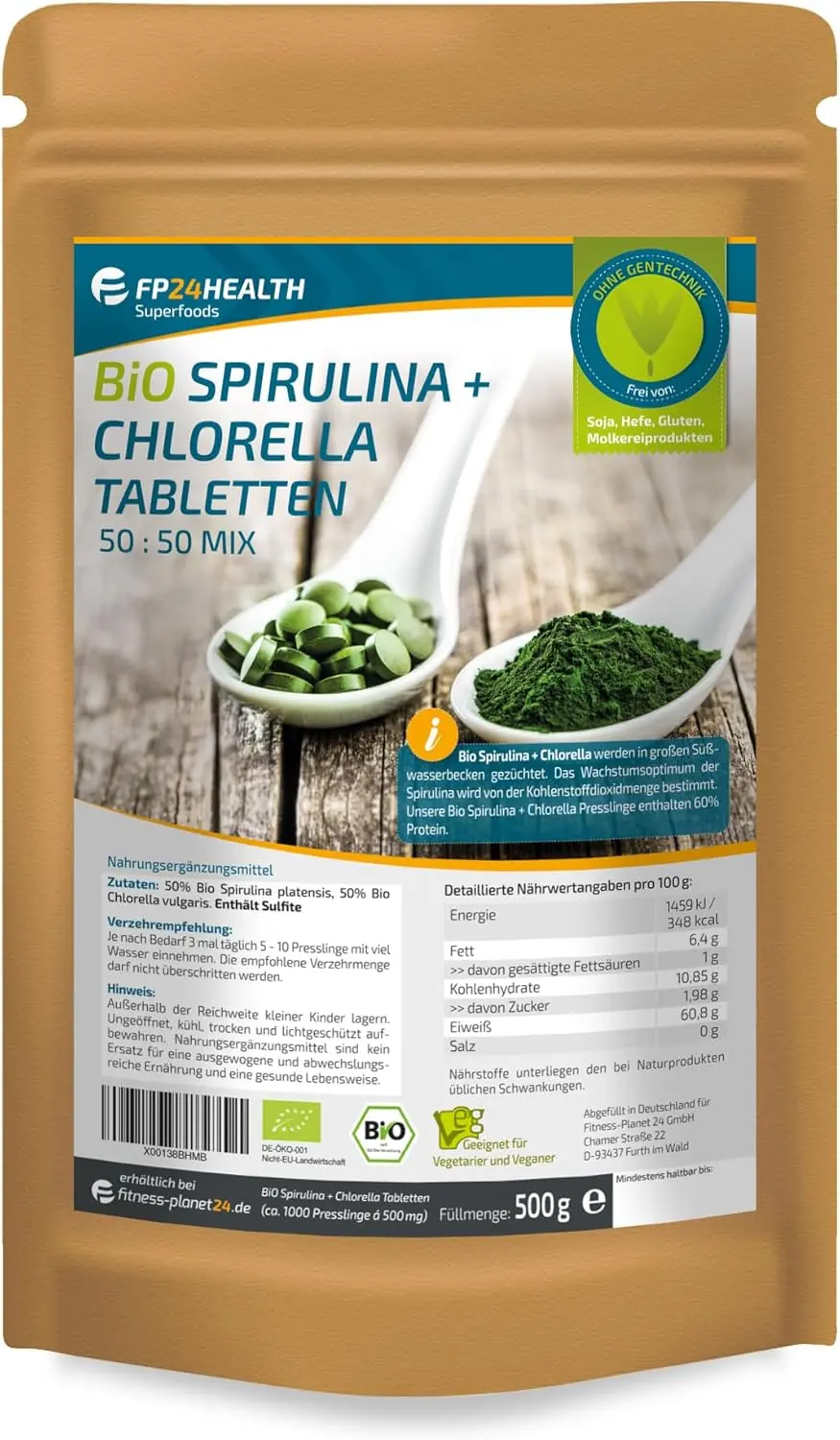 Die FP24 HEALTH Bio Spirulina und Chlorella Presslinge als nachhaltige Chlorella und Spirulina Option für den täglichen Nährstoff-Boost.