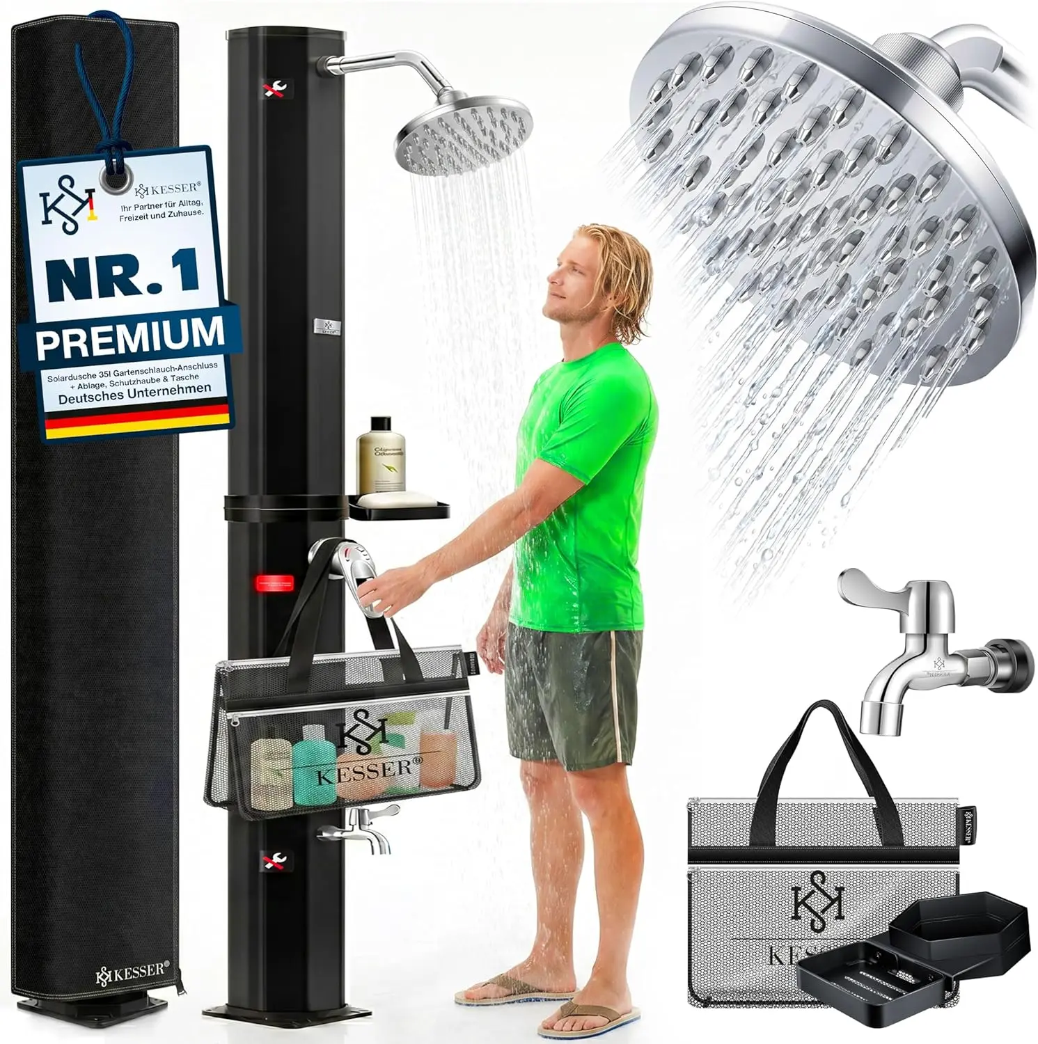 Die KESSER Solardusche als nachhaltige Solarduschen Lösung mit Metall-Ablage und 35 Liter Tank für den Garten.
