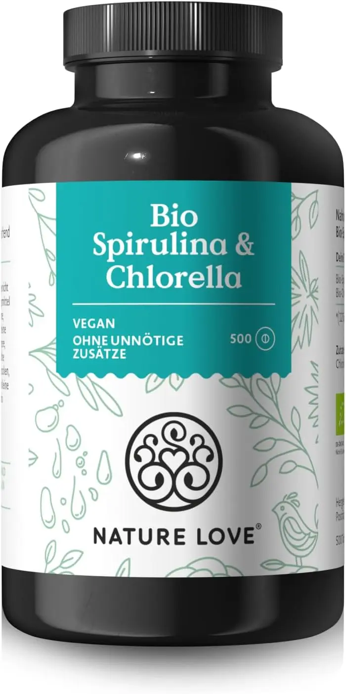 Die Nature Love Bio Spirulina und Chlorella Presslinge als nachhaltige Chlorella und Spirulina Option für eine 40-Tage-Kur.