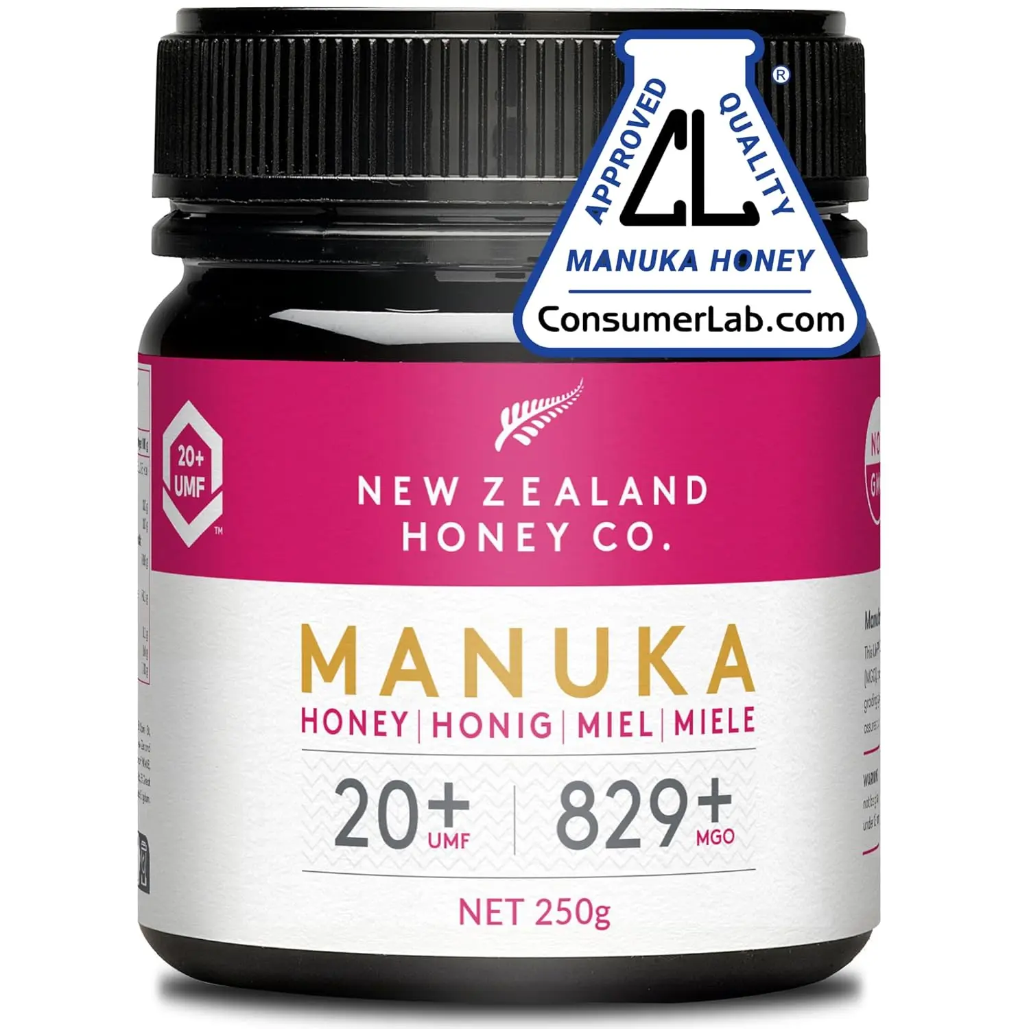 Der New Zealand Honey Co. MGO 829+ als hochwertiger und nachhaltiger Manuka Honig im Glasbehälter.