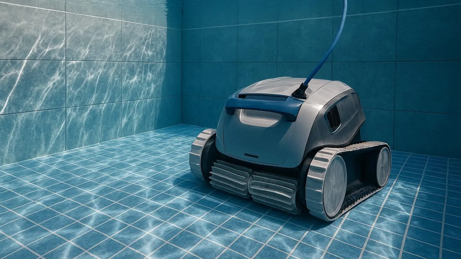 Ein hochwertiger Poolroboter auf dem gefliesten Boden eines klar abgegrenzten Schwimmbeckens.