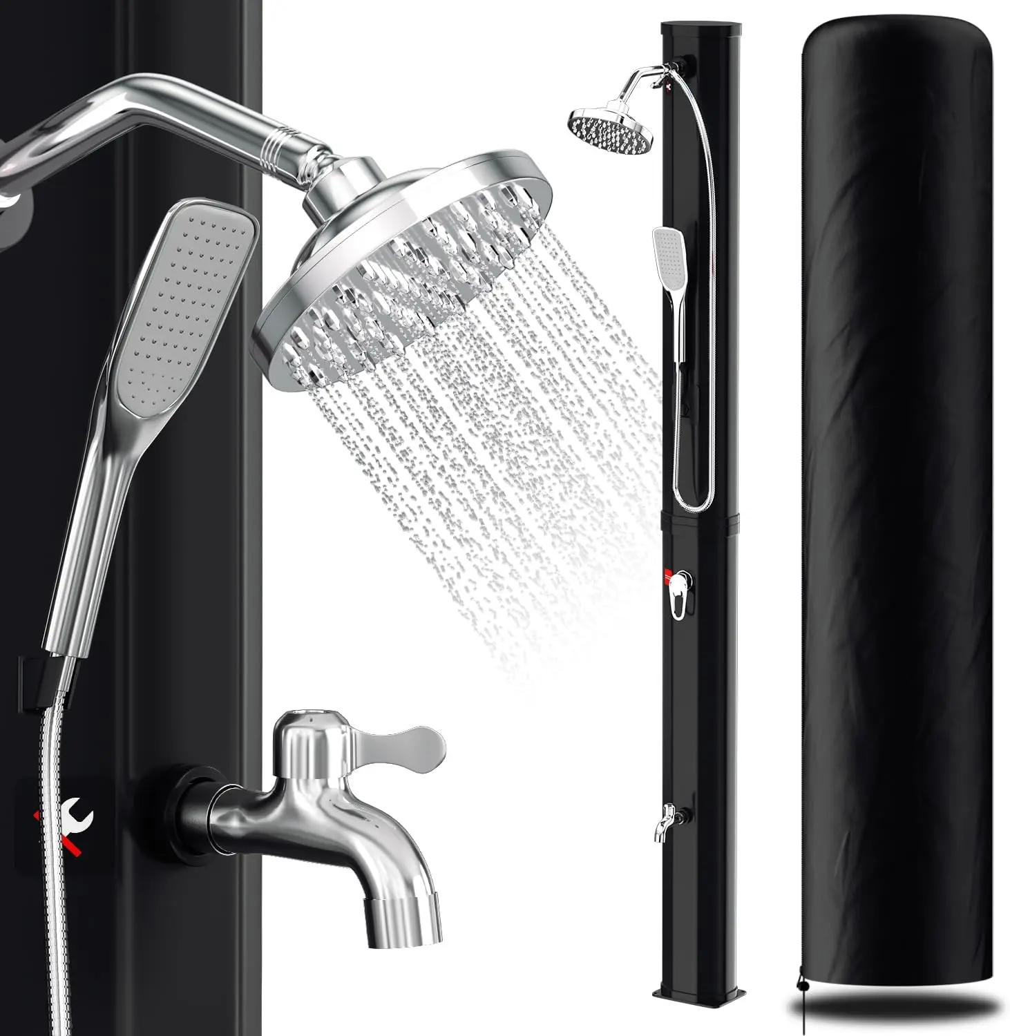 Die schwarze Randaco Solardusche als nachhaltige Solarduschen Lösung mit Handbrause und Regenduschkopf.