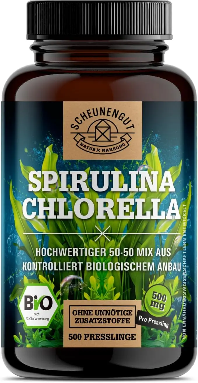 Die Scheunengut Bio Spirulina und Chlorella Tabletten als nachhaltige Chlorella und Spirulina Option für eine reine Entgiftungskur.