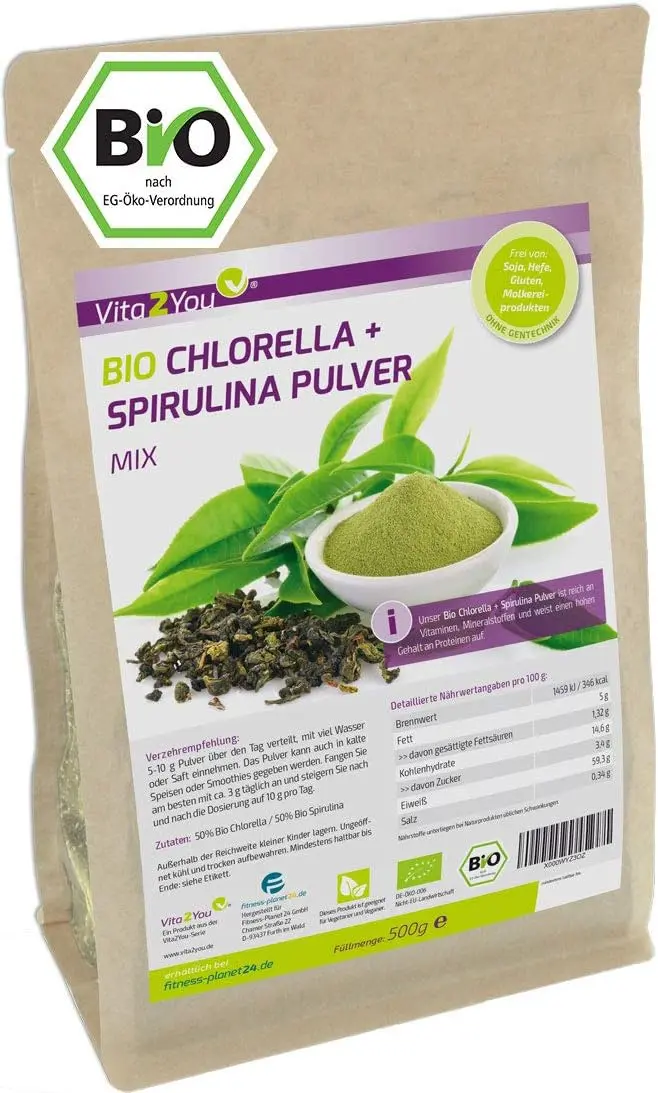 Das Vita2You Bio Chlorella und Spirulina Mix Pulver als nachhaltige Chlorella und Spirulina Alternative für Smoothies.