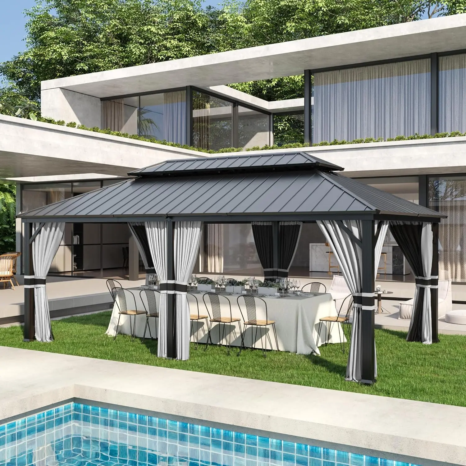 Ein technischer Check zeigt den massiven Amopatio Hardtop Pavillon mit verzinktem Stahldach als langlebige Lösung für nachhaltige Pavillons auf 21 qm Fläche.