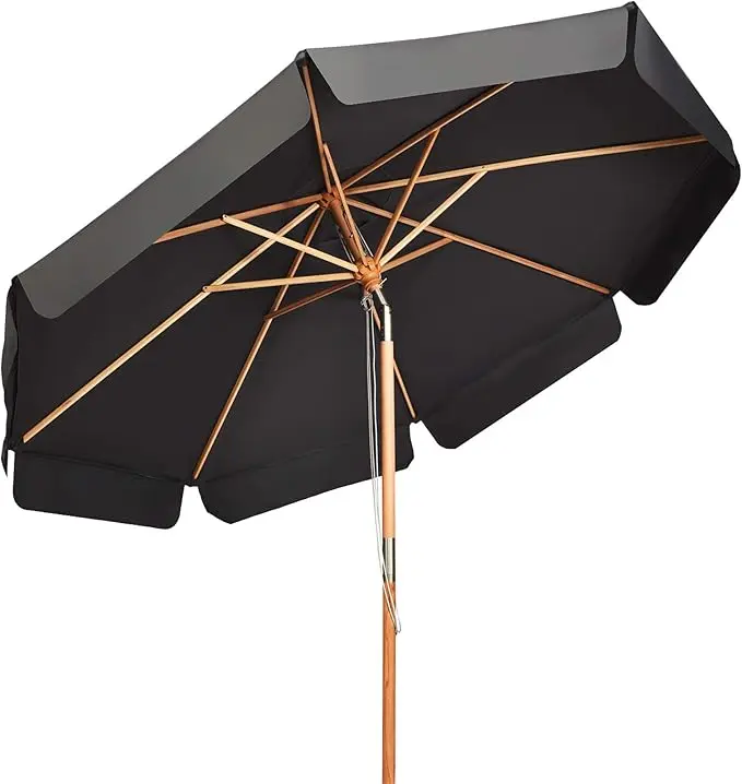 Ein technischer Vergleich zeigt, wie der GOPLUS Sonnenschirm durch einen Mast aus Buchenholz und acht Rippen aus Massivholz eine hohe Belastbarkeit im Garten erreicht.