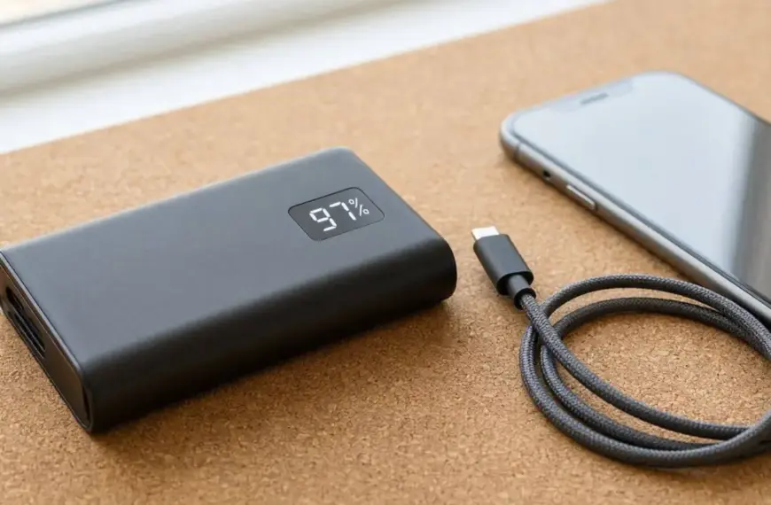 Ein fachlicher Vergleich zeigt eine hochwertige nachhaltige Powerbank mit einer digitalen Anzeige von 97 Prozent neben einem modernen Smartphone auf einer Korkoberfläche.
