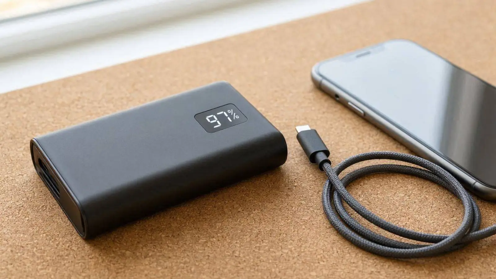 Ein fachlicher Vergleich zeigt eine hochwertige nachhaltige Powerbank mit einer digitalen Anzeige von 97 Prozent neben einem modernen Smartphone auf einer Korkoberfläche.