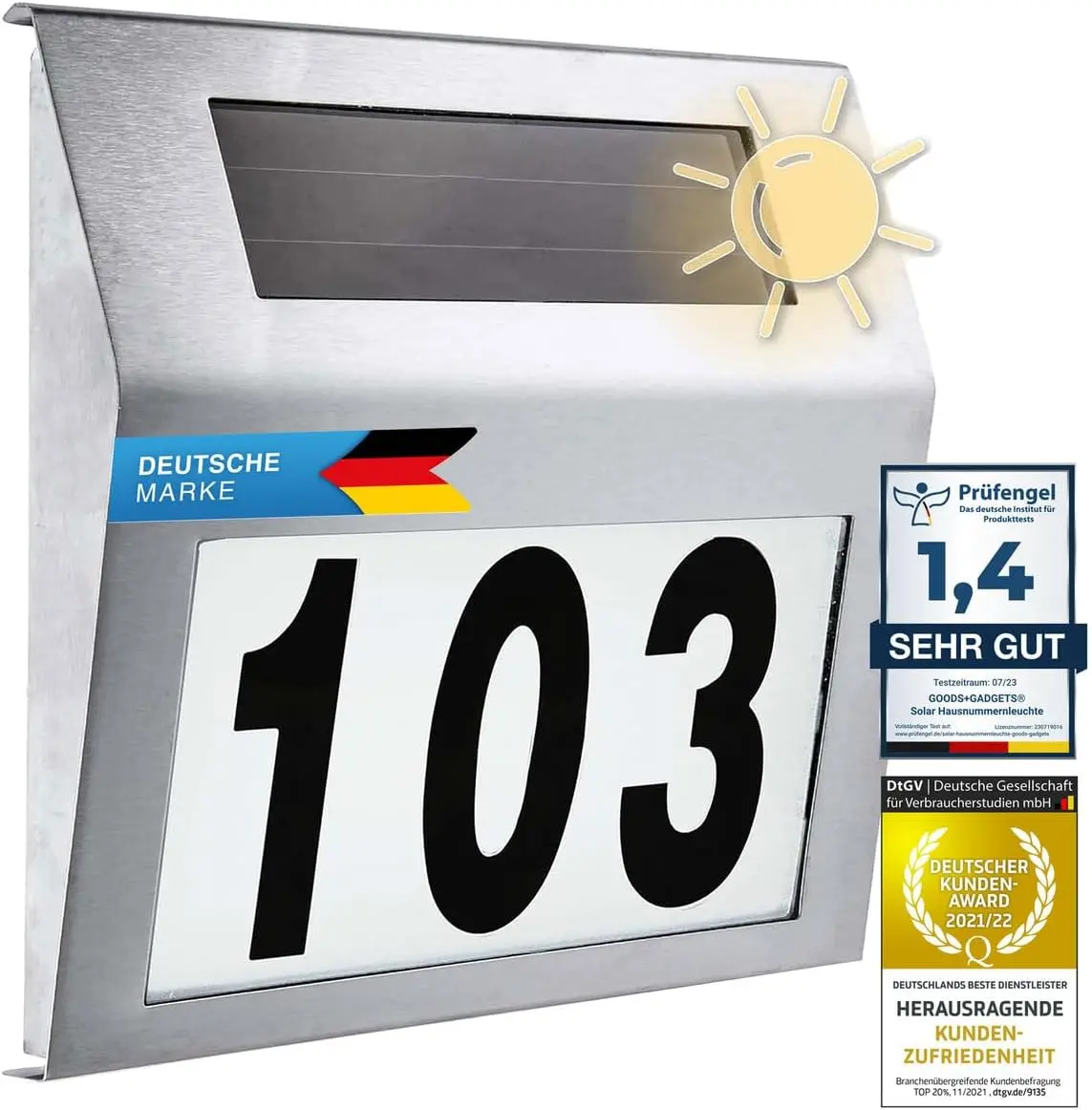 Ein fachlicher Vergleich zeigt, wie nachhaltige Solar Hausnummern von GOODS+GADGETS durch ein massives Edelstahlgehäuse und satinierte Glasflächen überzeugen.