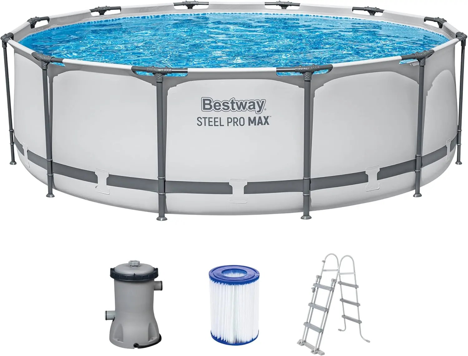 Ein lichtgrauer Bestway Stahlrahmen-Pool mit Sicherheitsleiter steht im Außenbereich und ermöglicht eine umweltbewusste Abkühlung ohne Anfahrtswege.