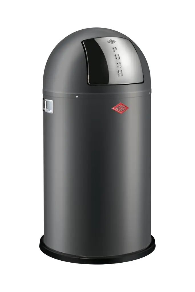 Ein fachlicher Vergleich zeigt den WESCO Pushboy als nachhaltige Mülleimer aus Metall mit massivem Metalleinsatz und Edelstahlklappe.
