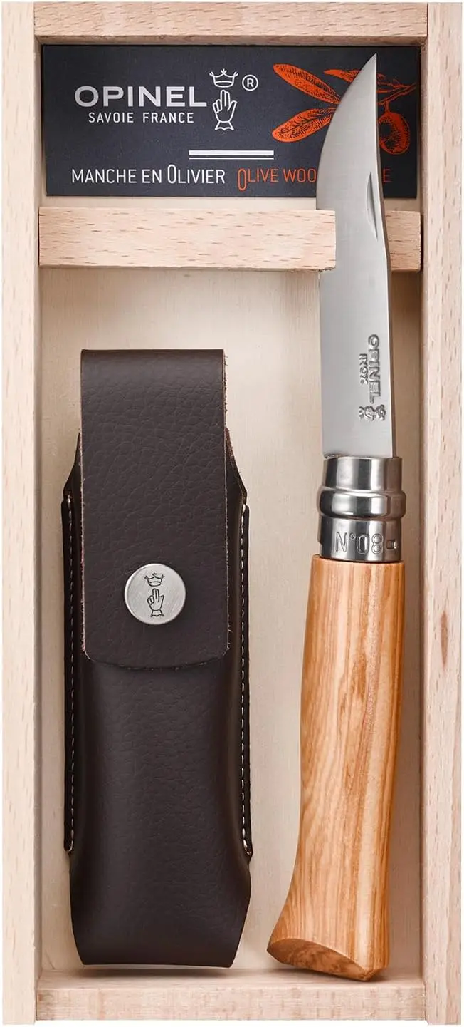 Ein fachlicher Vergleich zeigt das nachhaltige Taschenmesser Opinel No. 8 mit edlem Olivenholzgriff und rostfreier Stahlklinge