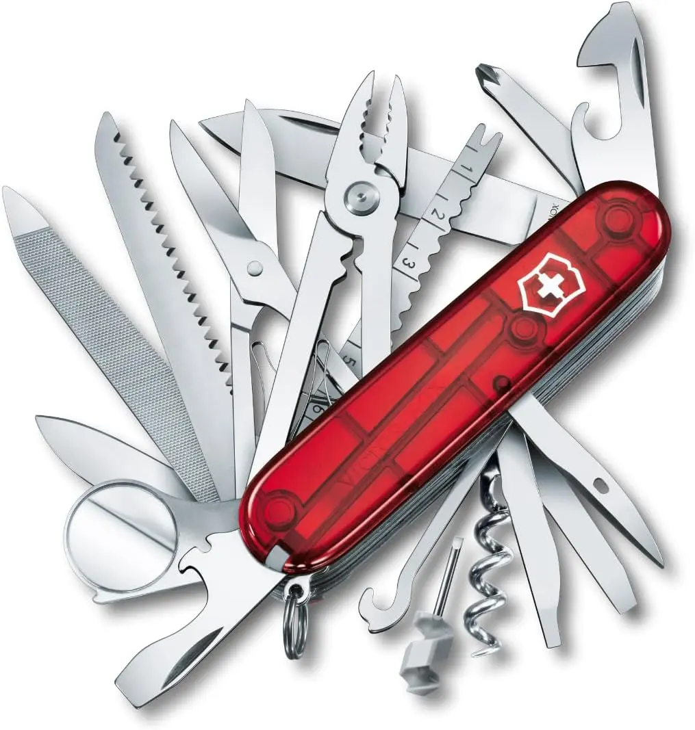 Ein fachlicher Vergleich zeigt das nachhaltige Taschenmesser Victorinox Swiss Champ mit 33 Funktionen aus hochwertigem legiertem Stahl.