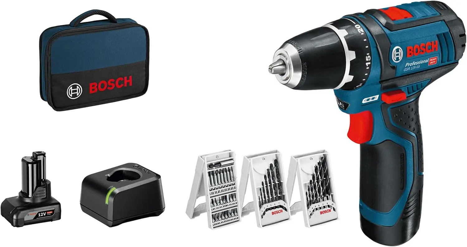 Ein fachlicher Vergleich zeigt Bosch Professional GSR 12V-15 als nachhaltige Akku-Bohrschrauber Lösung mit 39-teiligem Zubehörset.