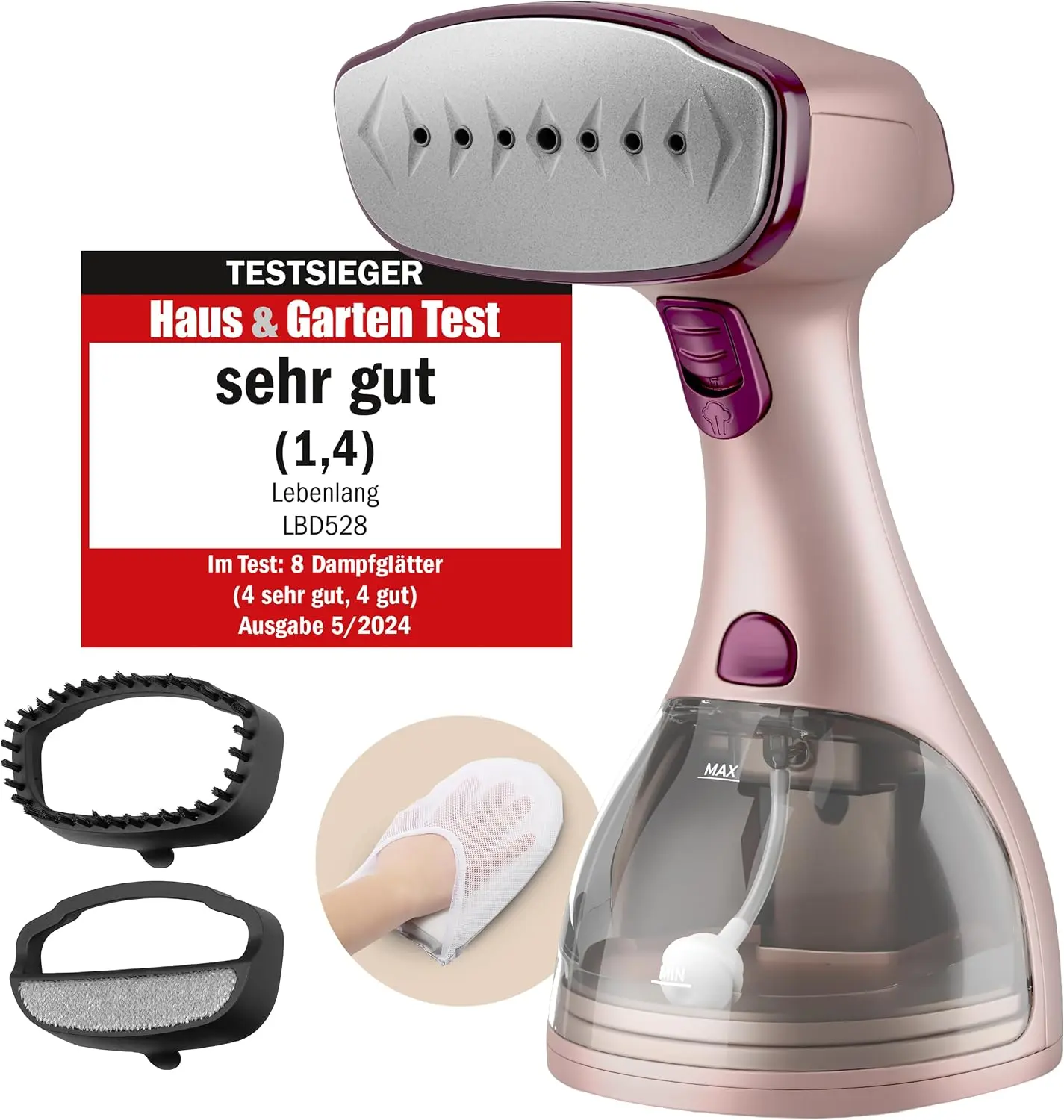Ein fachlicher Vergleich zeigt LEBENLANG LBD528R als nachhaltige Dampfglätter Lösung mit großem 300-ml-Tank.