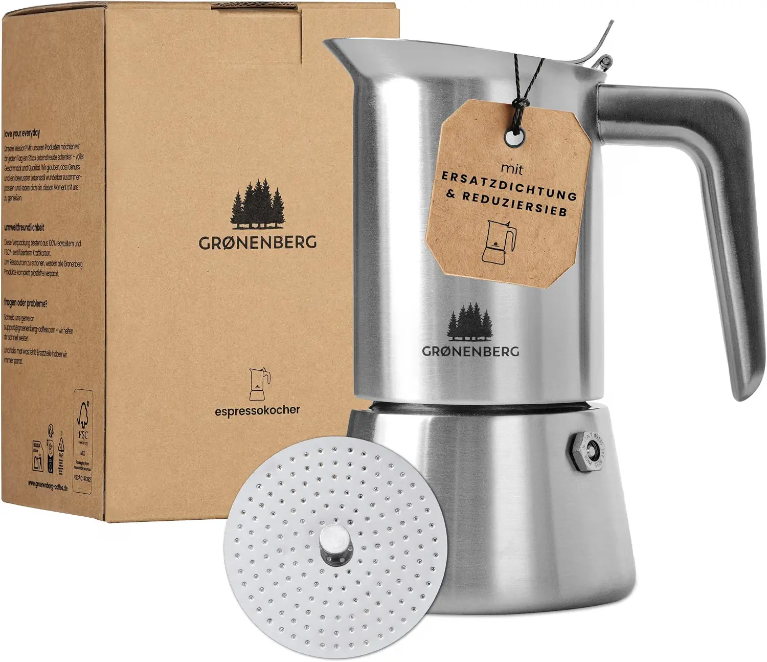 Ein fachlicher Vergleich zeigt Groenenberg 4 Tassen als nachhaltige Espressokocher Lösung mit praktischem Reduziersieb.