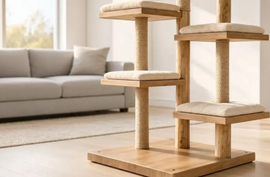 Ein fachlicher Vergleich zeigt einen nachhaltigen Kratzbaum aus massivem Holz mit weichen Liegeflächen in einem hellen Wohnzimmer.