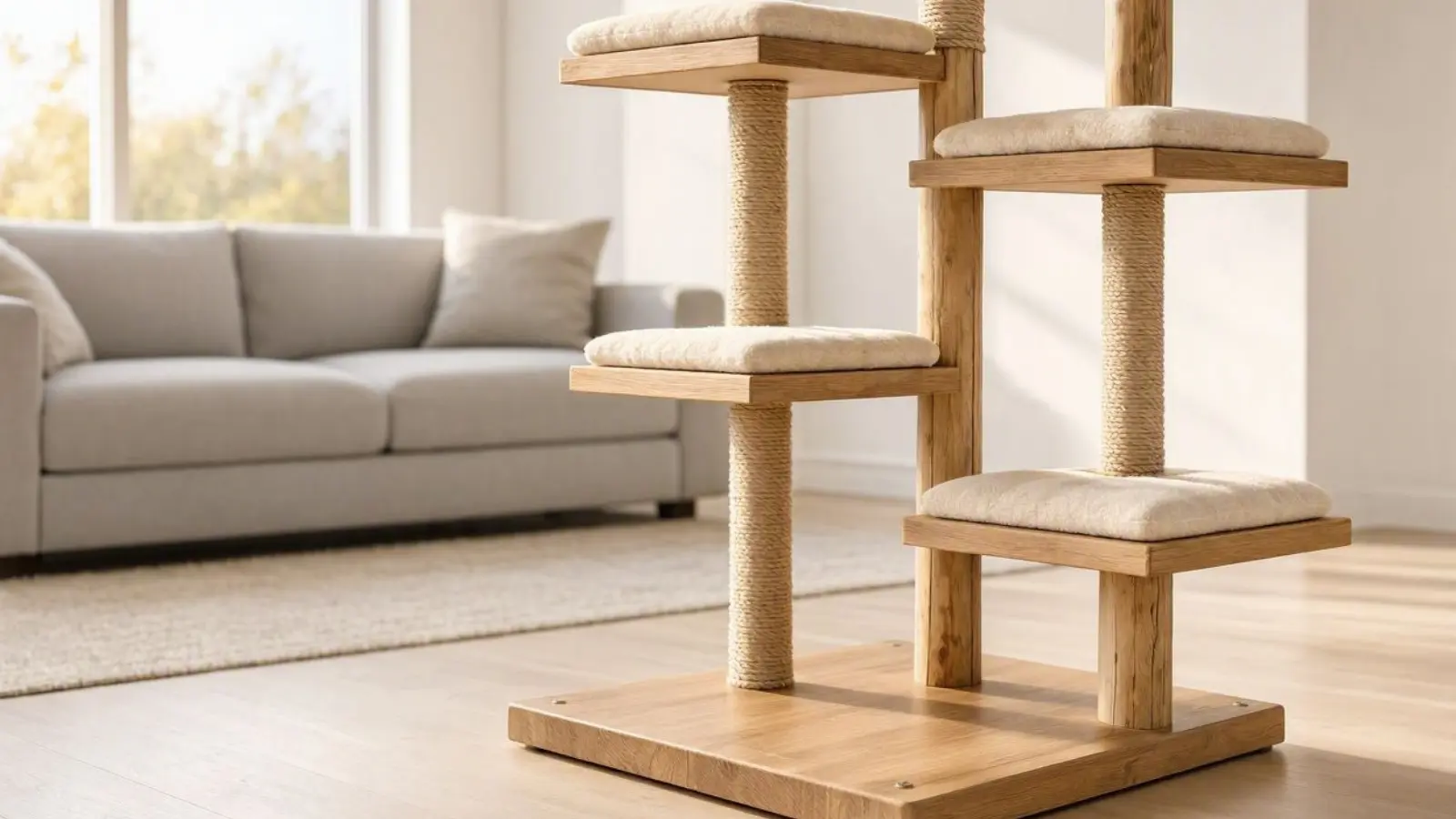 Ein fachlicher Vergleich zeigt einen nachhaltigen Kratzbaum aus massivem Holz mit weichen Liegeflächen in einem hellen Wohnzimmer.