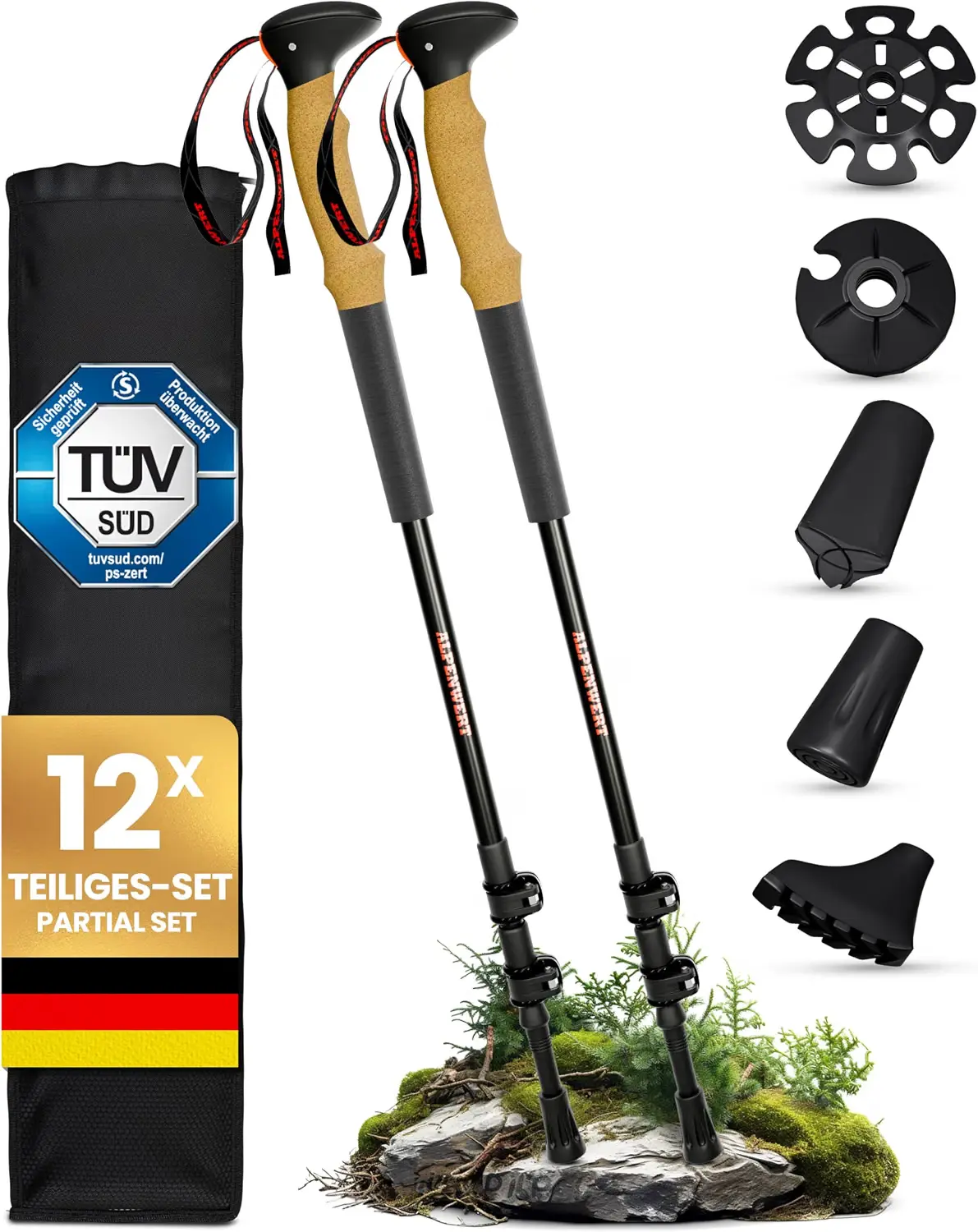 Ein fachlicher Vergleich zeigt Alpenwert Aluminium als nachhaltige Wanderstöcke Lösung mit Naturkorkgriff und Zubehörset.