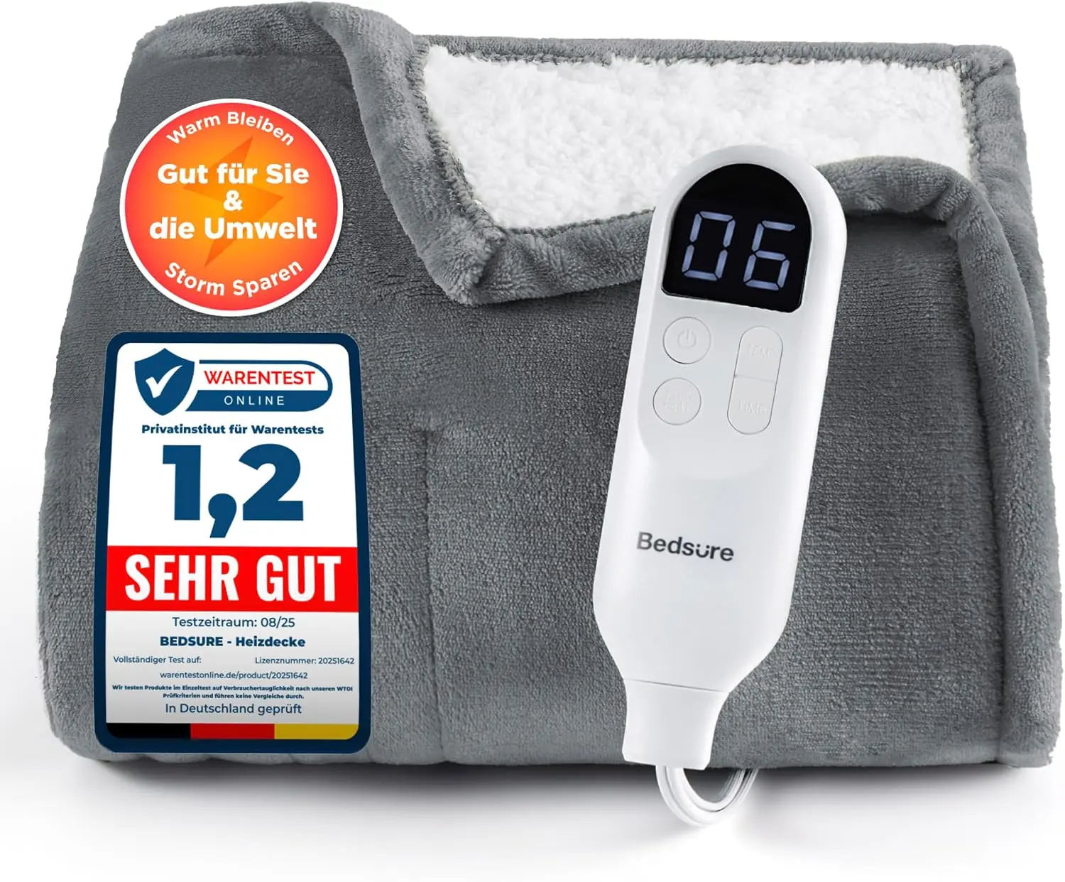 Ein fachlicher Vergleich zeigt BEDSURE Heizdecke als nachhaltige Heizdecken Lösung mit Vorheizfunktion und Timer.