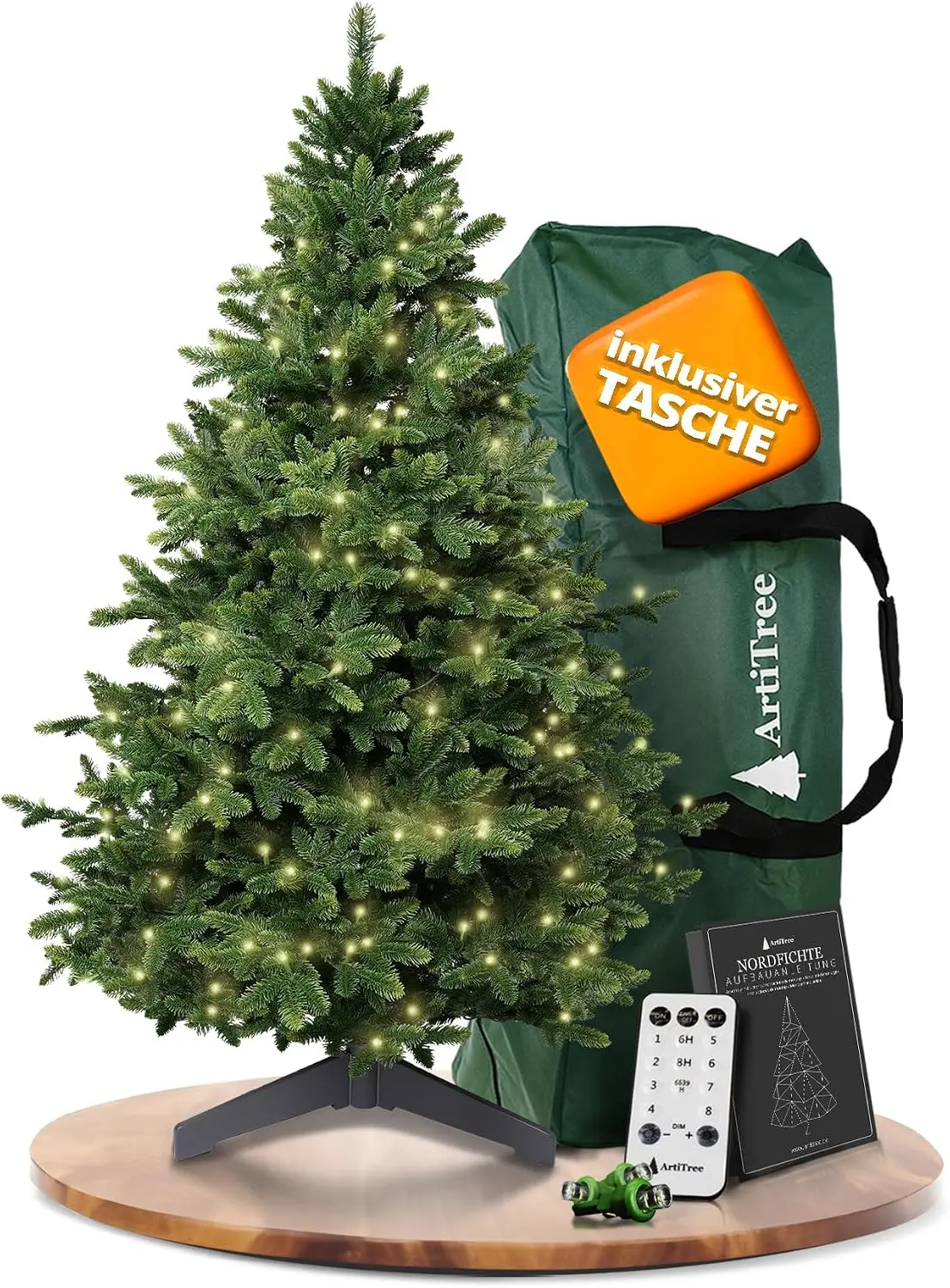 Ein fachlicher Vergleich zeigt die ArtiTree Nordmanntanne als nachhaltige künstliche Weihnachtsbäume Lösung für täuschend echte PE-Spritzguss-Qualität mit Beleuchtung.